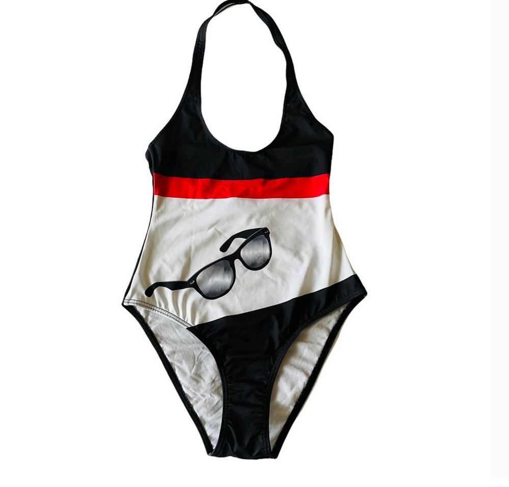 ModCloth Sunglasses Retro Color Block Halter One Piece Swimsuit Size XS NEW